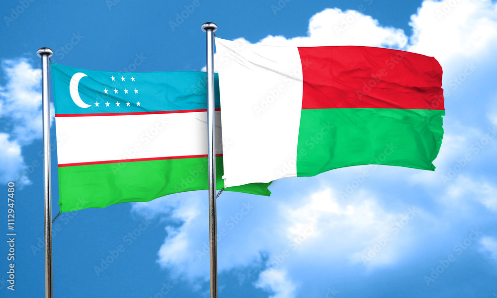 Uzbekistan flag with Madagascar flag, 3D rendering Uzbekistan flag with Madagascar flag, 3D rendering