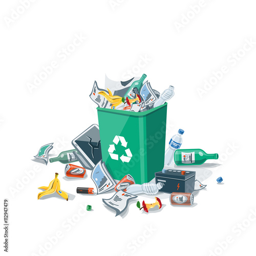 Littering Garbage around the Trash Bin Isolated on White Background