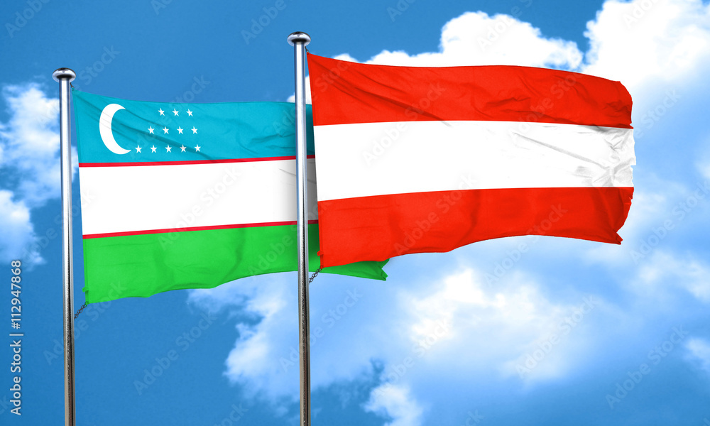 Uzbekistan flag with Austria flag, 3D rendering Uzbekistan flag with Austria flag, 3D rendering
