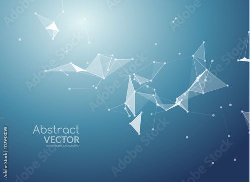 Abstract vector background. Futuristic style card. Background for business presentations. Molecular structure. Lines, point, planes in 3d space. Cybernetic dots, creative banner