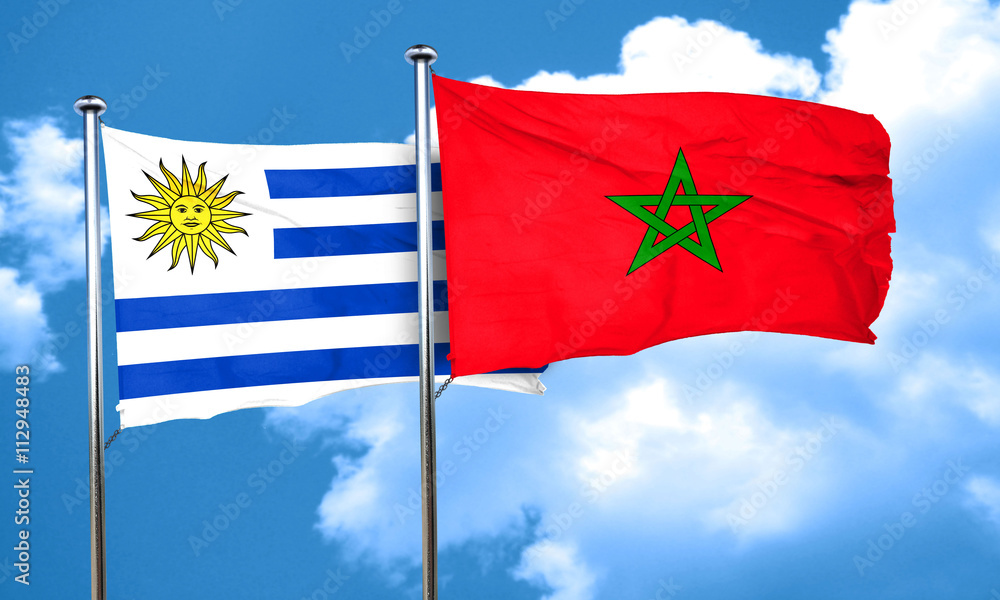 Uruguay flag with Morocco flag, 3D rendering Uruguay flag with Morocco flag, 3D rendering
