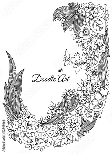 Vector illustration of floral frame Zen Tangle. Dudlart. Coloring book anti stress for adults. Black white.