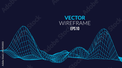 Wireframe mesh Landscape Background. Futuristic Landscape with line Grid. Low Poly 3D Wireframe Mapping. Network Cyber Technology background