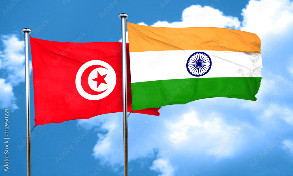 Tunesia flag with India flag, 3D rendering Tunesia flag with India flag, 3D rendering