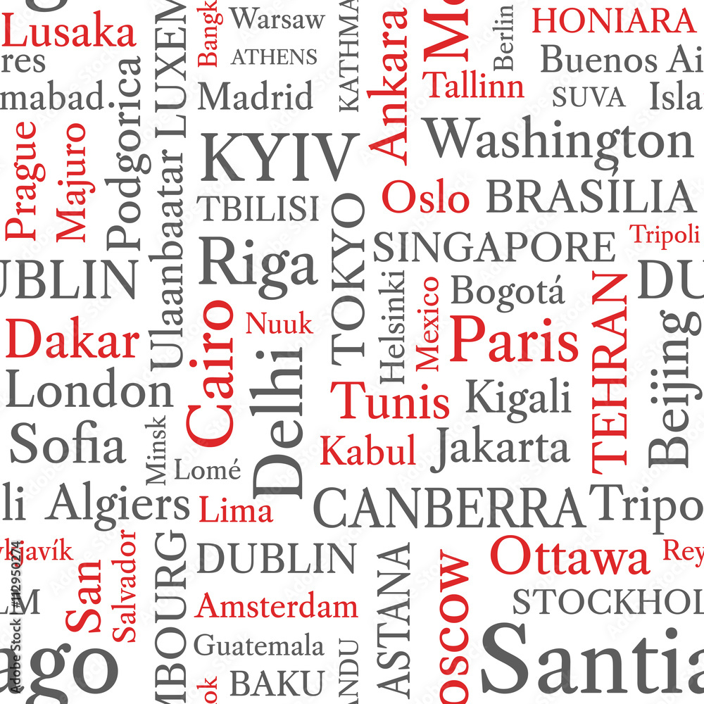 Word cloud seamless pattern. World capitals in word tags. Conceptual seamless background in black and red font. Vector illustration.