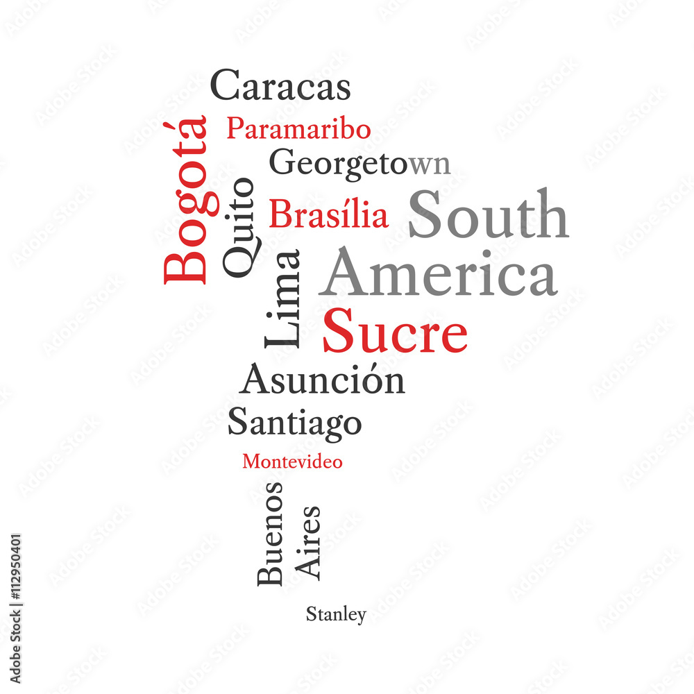 Word cloud in a shape of continent contains all South American capitals. Conceptual South American map in black and red font isolated on white. Vector illustration.