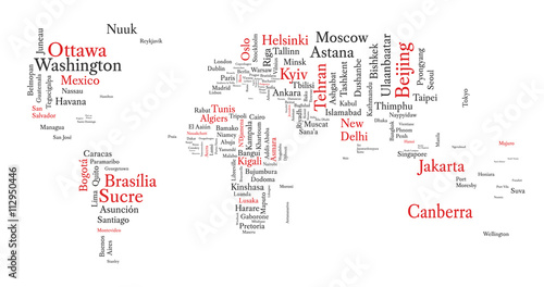 Word cloud in a shape of map contains all world capitals. Conceptual world map in black and red font isolated on white. Vector illustration. photo