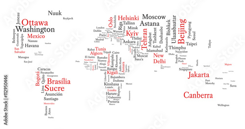 Word cloud in a shape of map contains all world capitals. Conceptual world map in black and red font isolated on white. Vector illustration.