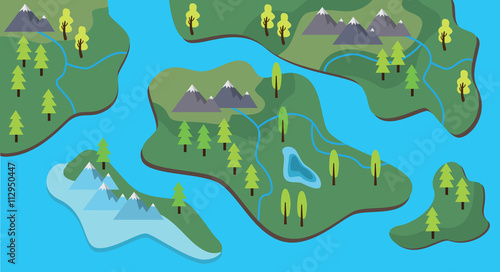 map cartoon flat style with land and sea river vector graphic illustration