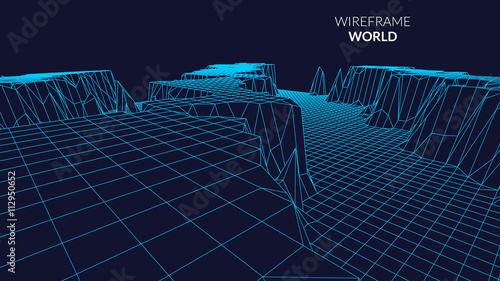 Wireframe Landscape mountain  Background. Futuristic Landscape with line Grid. Low Poly 3D Wireframe Mapping. Network Cyber Technology background