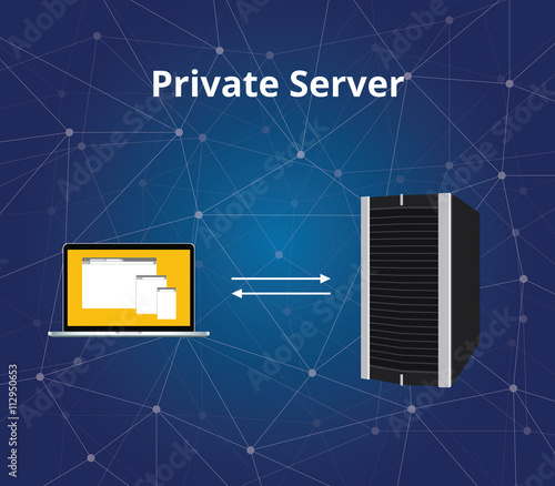 private server with server and laptop communication vector graphic illustration