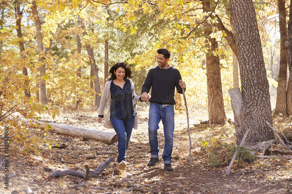 Smiling Hispanic couple walk in a forest holding hands Smiling Hispanic couple walk in a forest holding hands