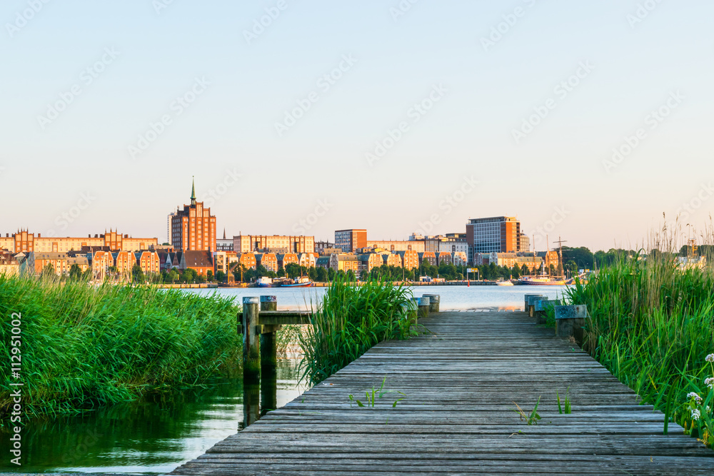 Panorama view to Rostock. River Warnow and City port.