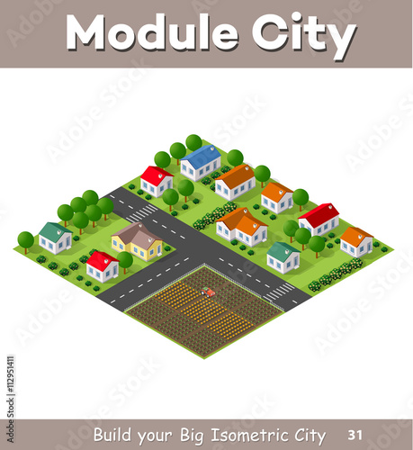 Country village of townhouses and rural houses with roads, streets, trees in an isometric view and a garden