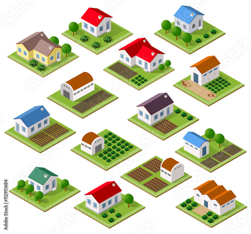 Set of townhouses and rural houses with trees in an isometric view and a garden