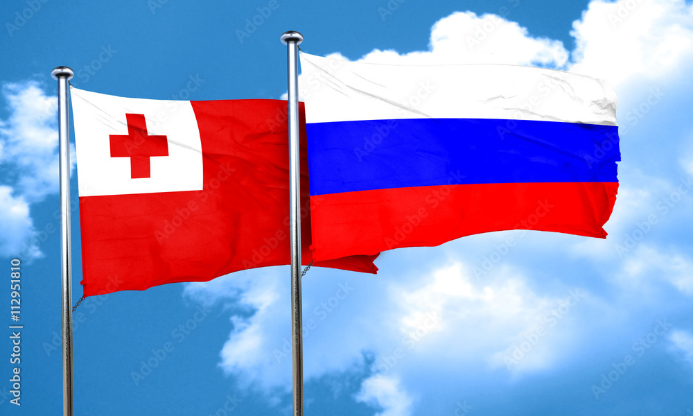 Tonga flag with Russia flag, 3D rendering Tonga flag with Russia flag, 3D rendering