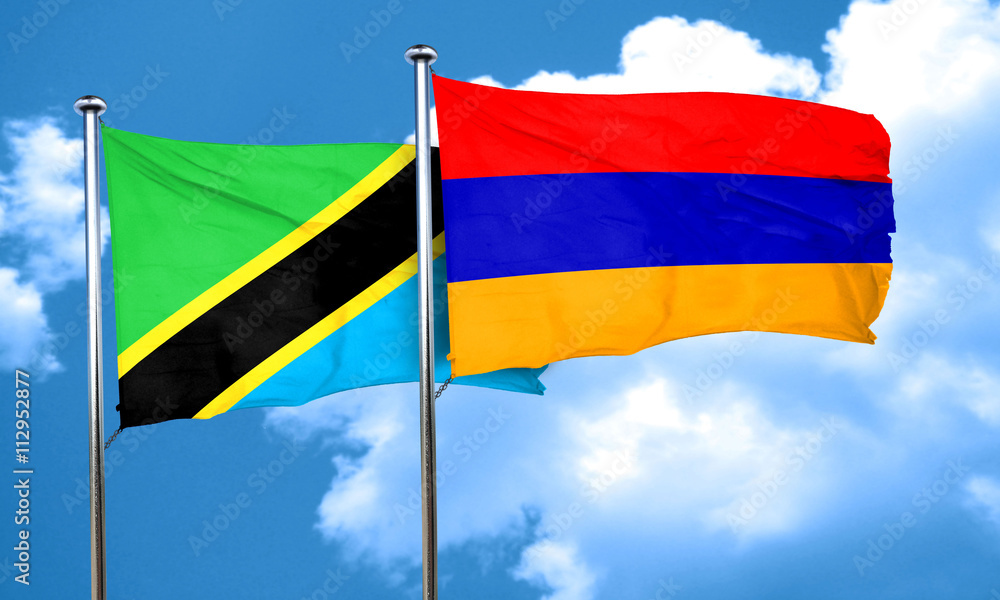 Tanzanian flag with Armenia flag, 3D rendering Tanzanian flag with Armenia flag, 3D rendering