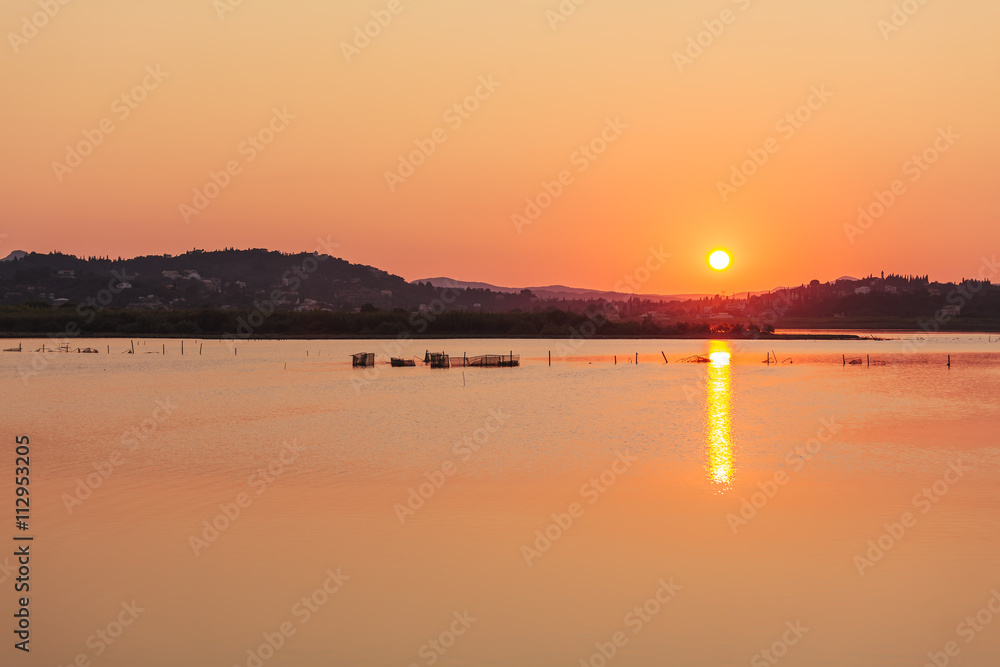 Sunset Scene with Fishing Nets, Kanoni, Corfu, Greece