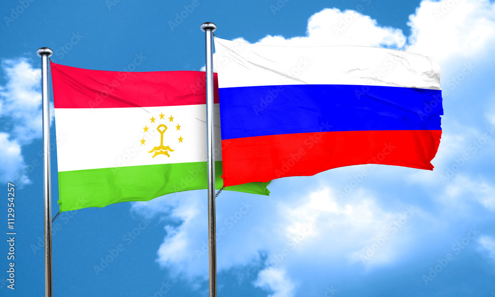 Tajikistan flag with Russia flag, 3D rendering Tajikistan flag with Russia flag, 3D rendering