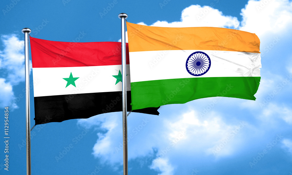 Syria flag with India flag, 3D rendering Syria flag with India flag, 3D rendering