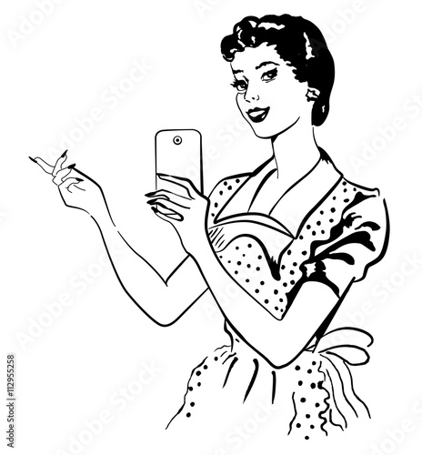 Retro woman makes photo on her phone