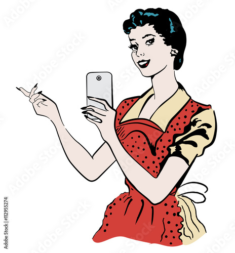 Retro woman makes photo on her phone