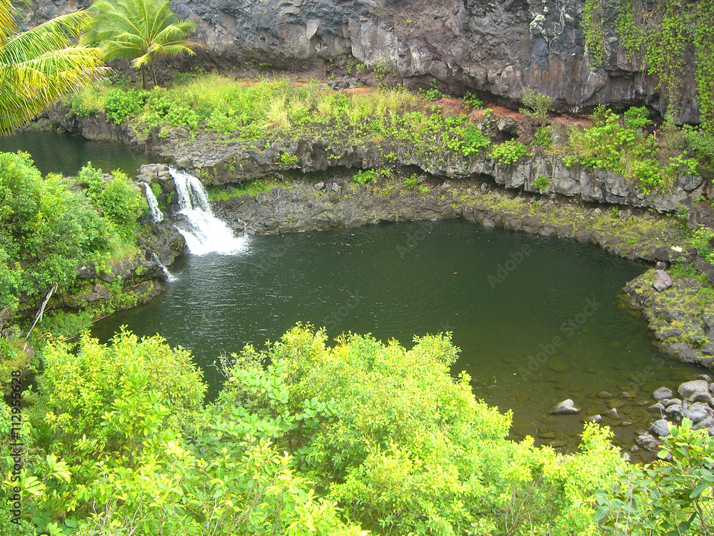 Beautiful Hawaiian waterfall with pool landscape