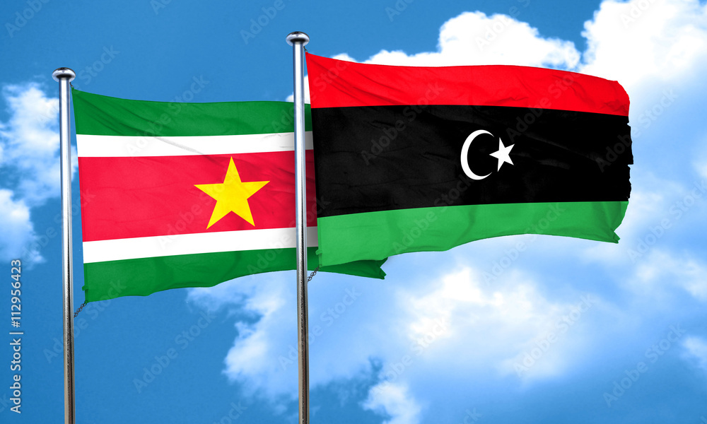 Suriname flag with Libya flag, 3D rendering Suriname flag with Libya flag, 3D rendering