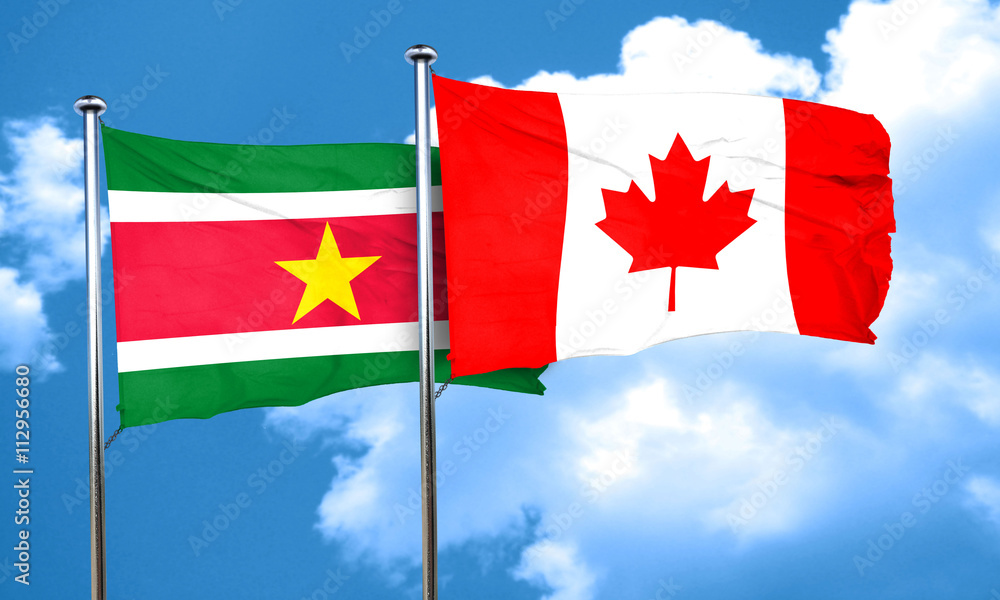 Suriname flag with Canada flag, 3D rendering Suriname flag with Canada flag, 3D rendering