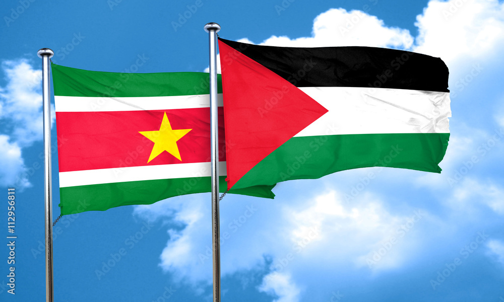 Suriname flag with Palestine flag, 3D rendering Suriname flag with Palestine flag, 3D rendering