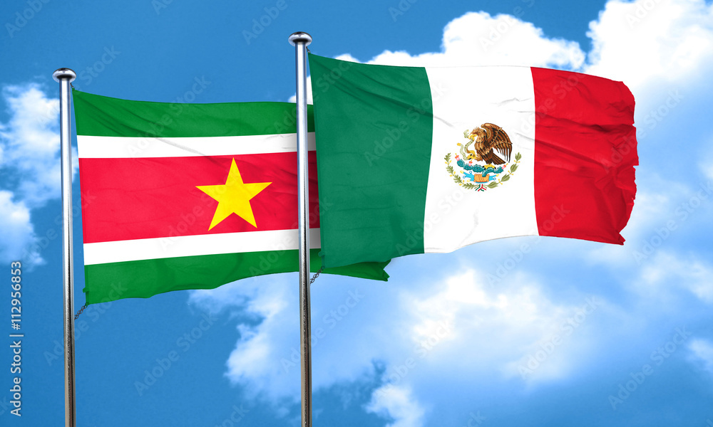 Suriname flag with Mexico flag, 3D rendering Suriname flag with Mexico flag, 3D rendering