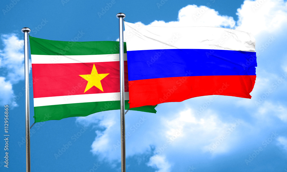 Suriname flag with Russia flag, 3D rendering Suriname flag with Russia flag, 3D rendering