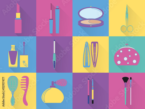 Set of colored cosmetics icons in flat style.