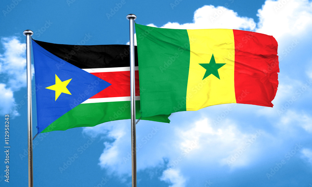 south sudan flag with Senegal flag, 3D rendering south sudan flag with Senegal flag, 3D rendering