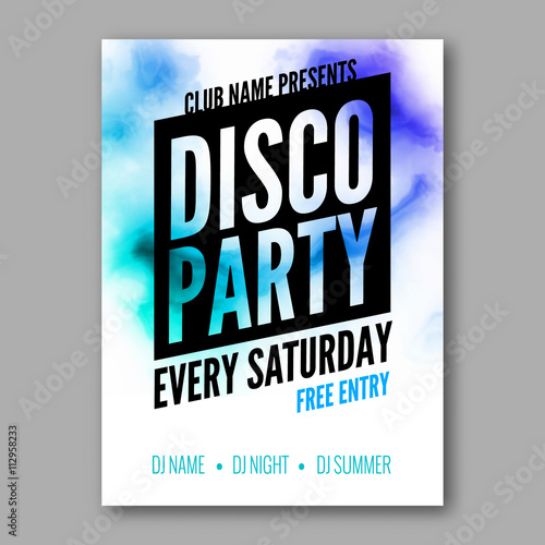 Dance Party Poster Template. Night Dance Party flyer.  Club party design template on dark colorful background. Dance party watercolor background.