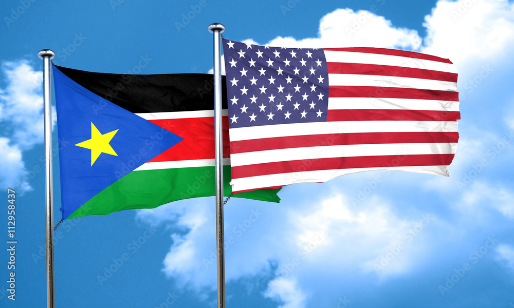 south sudan flag with American flag, 3D rendering south sudan flag with American flag, 3D rendering