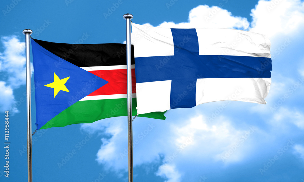 south sudan flag with Finland flag, 3D rendering