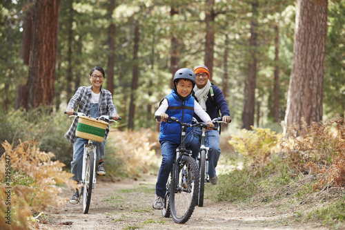 Asian couple and son cycling in a forest, front view