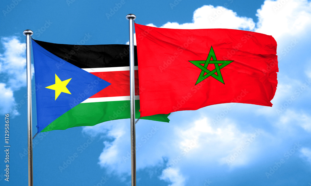 south sudan flag with Morocco flag, 3D rendering south sudan flag with Morocco flag, 3D rendering