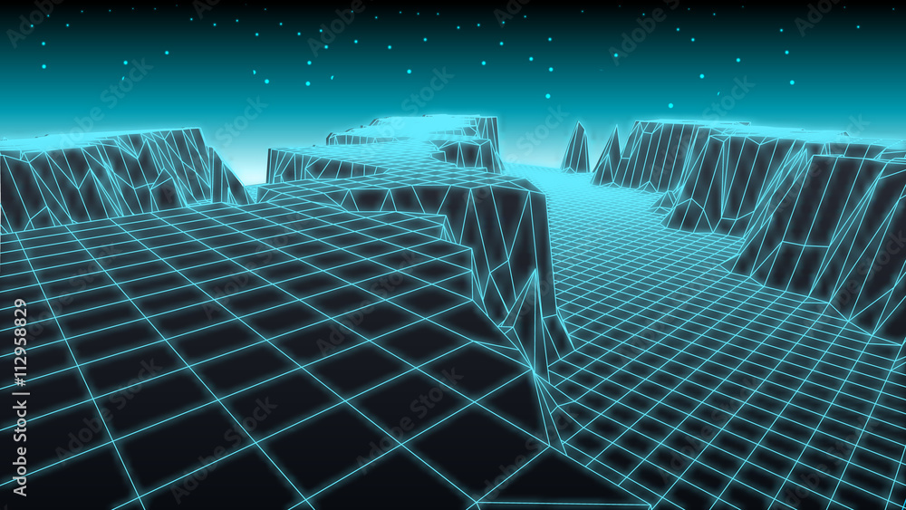 Naklejka premium Abstract glowing wireframe landscape background. Mountains technology concept