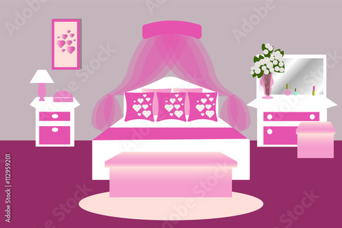 The interior of the bedroom. Room in pink. Bedroom furniture vector illustration