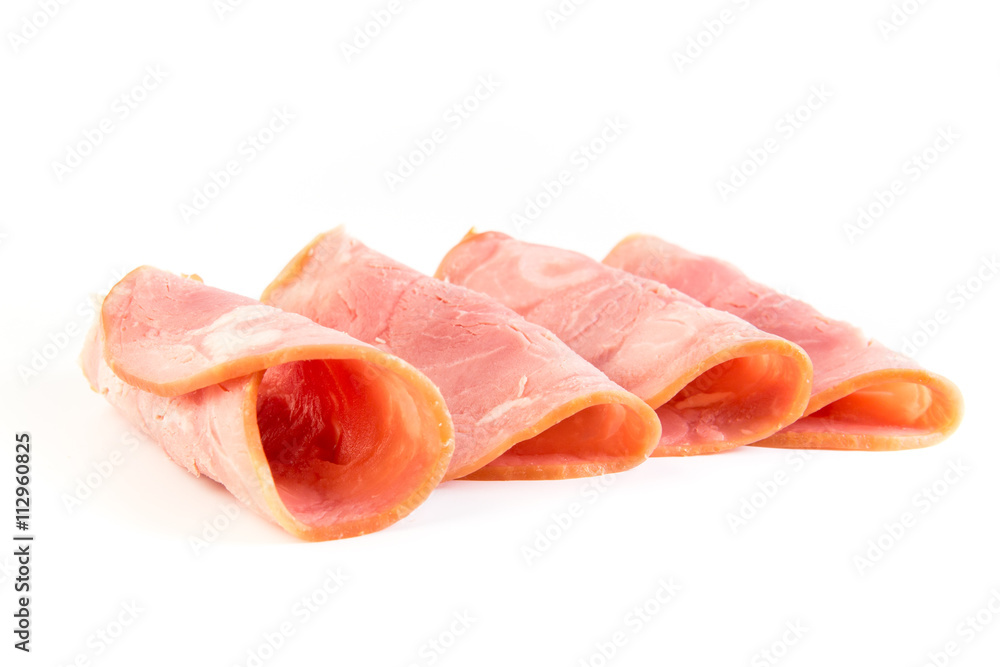 Fresh sliced smoked ham isolated on white background Fresh sliced smoked ham isolated on white background