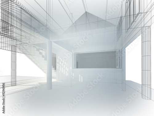 sketch design of interior space ,3d wire frame render