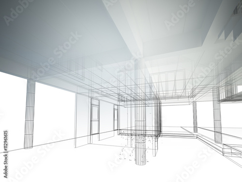sketch design of interior space ,3d wire frame render