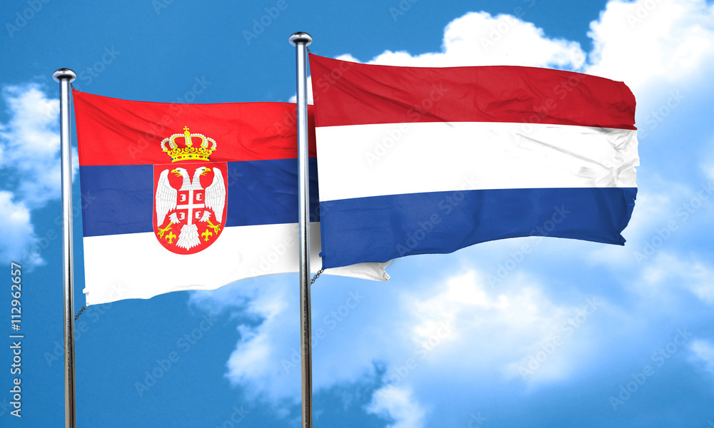 Serbia flag with Netherlands flag, 3D rendering Serbia flag with Netherlands flag, 3D rendering
