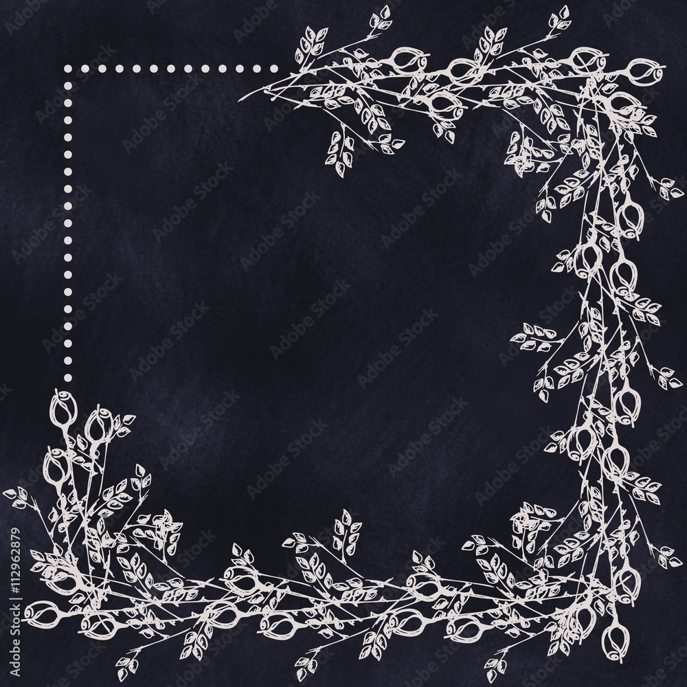 Fototapeta premium Hand drawn textured floral background in with flowers and leaves on the dark blue chalkboard. Decorative frame.Series of Watercolor,Oil,Pastel Backgrounds and Cards,Blanks,Forms.