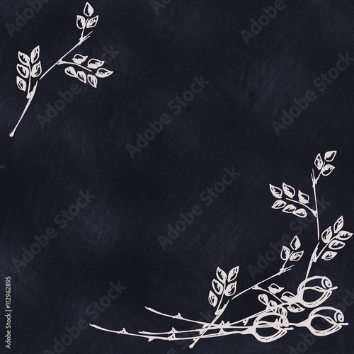 Hand drawn textured floral background in with flowers and leaves on the dark blue chalkboard. Template for letter, greeting card..Series of Watercolor,Oil,Pastel Backgrounds and Cards,Blanks,Forms.