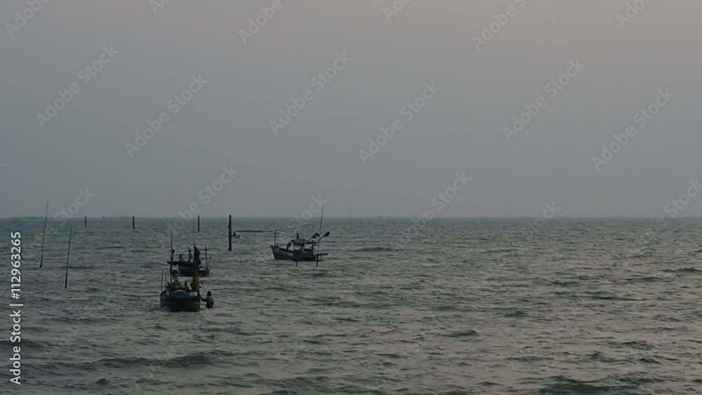 Afternoon beach with fisherman and fishing vessel with sound Afternoon beach with fisherman and fishing vessel with sound