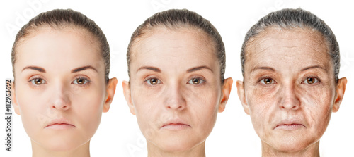 Aging process, rejuvenation anti-aging skin procedures old and young faces isolated on white background photo