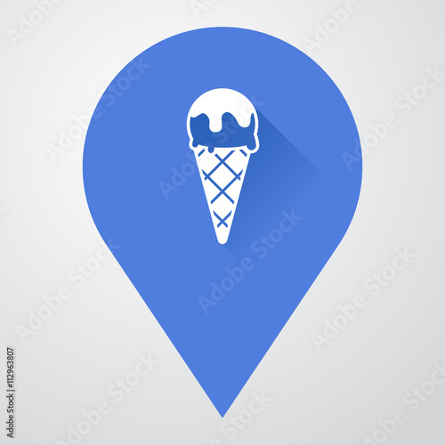 Icono plano localizacion con cornete de helado con sombra